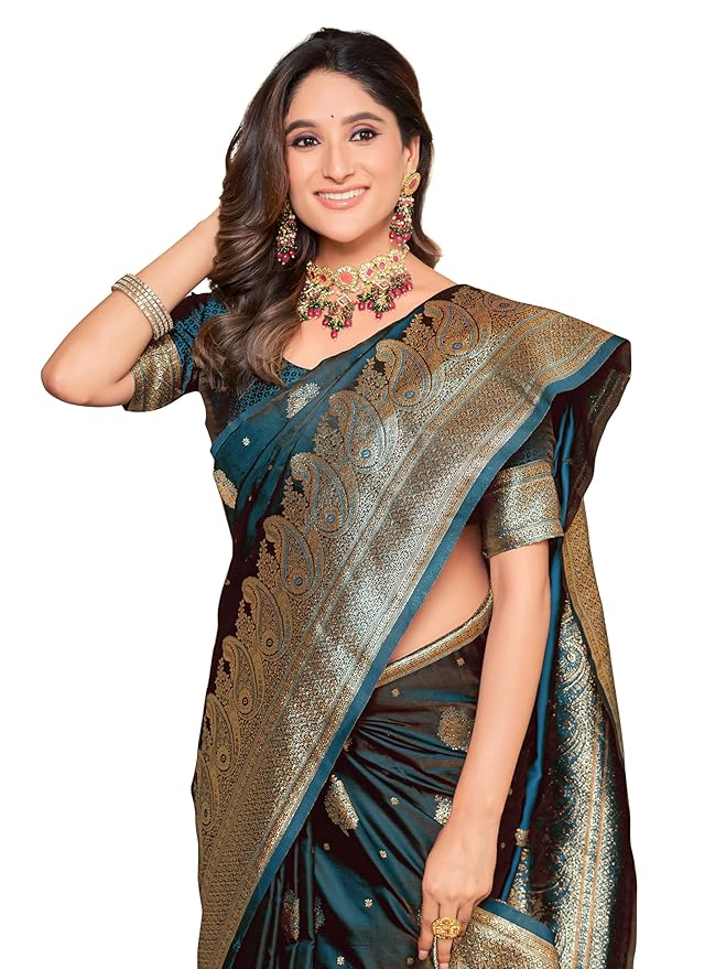 Dazzle in Firozi: Discover the Graceful Banarasi Silk Saree with Golden Accents