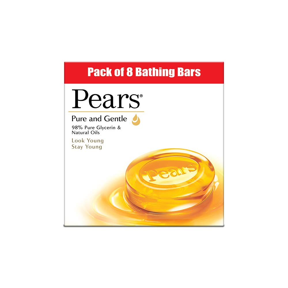 Pears Pure & Gentle Soap Bar (Combo Pack of 8) - With Glycerin for Soft, Glowing Skin & Body, Paraben-Free Body Soaps For Bath Ideal for Men & Women