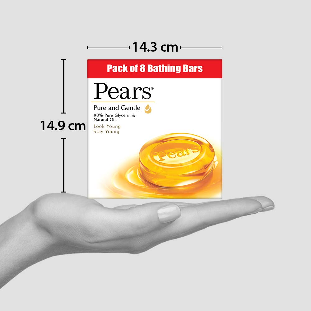 Pears Pure & Gentle Soap Bar (Combo Pack of 8) - With Glycerin for Soft, Glowing Skin & Body, Paraben-Free Body Soaps For Bath Ideal for Men & Women