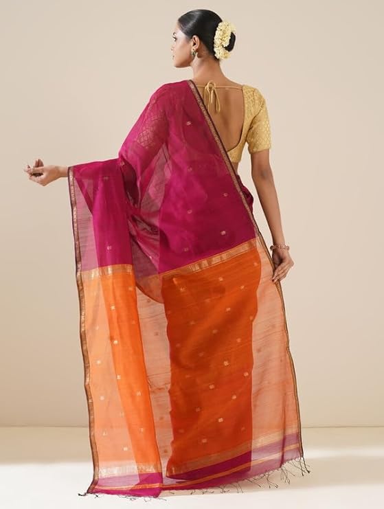 Pink & Orange Handloom Maheshwari Saree | Pure Cotton Silk with Blouse Piece