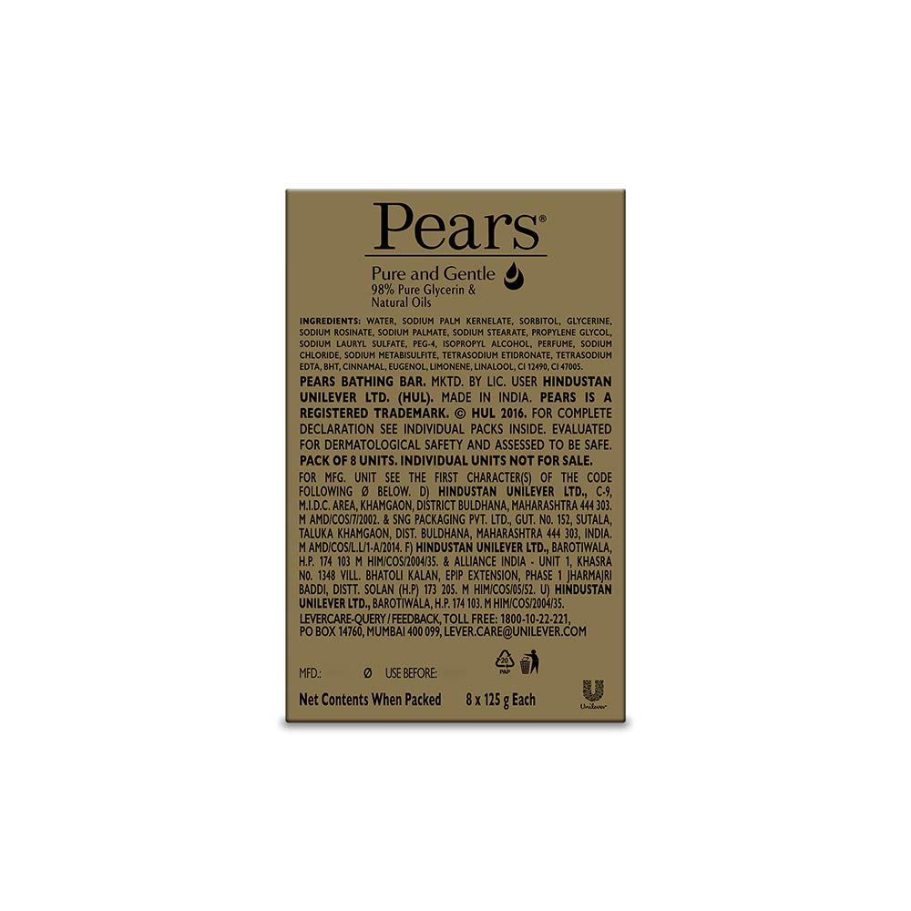 Pears Pure & Gentle Soap Bar (Combo Pack of 8) - With Glycerin for Soft, Glowing Skin & Body, Paraben-Free Body Soaps For Bath Ideal for Men & Women