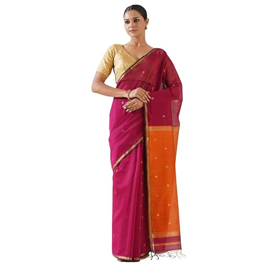 Pink & Orange Handloom Maheshwari Saree | Pure Cotton Silk with Blouse Piece