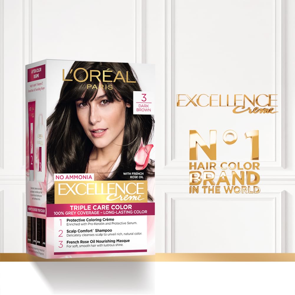 L'Oreal Paris Permanent Hair Colour, Radiant At-Home Hair Colour with up to 100% Grey Coverage, Pro-Keratin, Up to 8 Weeks of Colour, Excellence Crème, 3 Dark Brown, 72ml+100g