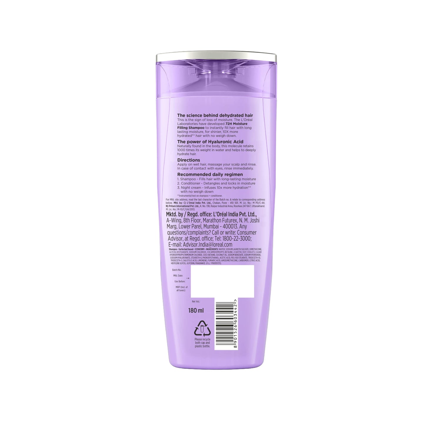 L'Oreal Paris Moisture Filling Shampoo, With Hyaluronic Acid, For Dry & Dehydrated Hair, Adds Shine & Bounce, Hyaluron Moisture 72H, 180ml