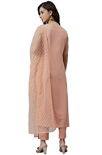 Janasya Women's Peach Poly Crepe Solid Kurta with Pant and Dupatta(SET392-KR-NP-M)