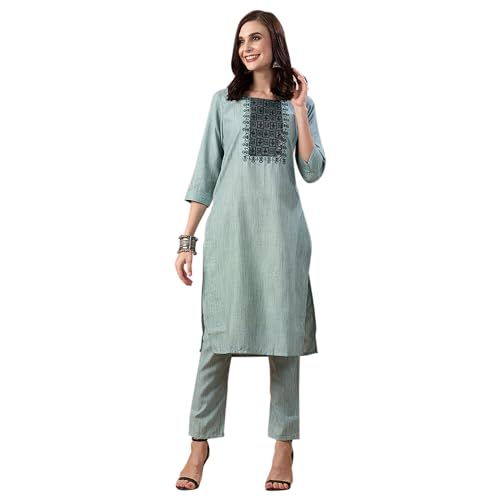 ZOLA Green Rayon Kurta & Pant Set For Women With Geometric Sequin Work & Floral Embroidery