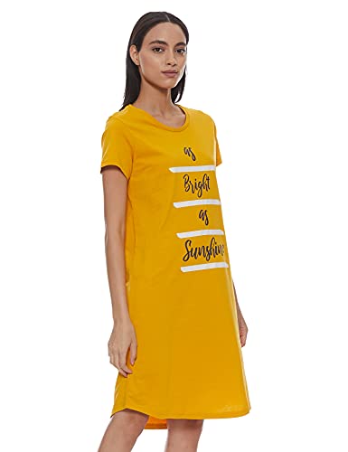 Amazon Brand - Symbol Cotton Graphic Print Knee Length Women's Nightdress Regular Nightgown (EI-AW20DR02-SOMM-09_Yellow_XS)