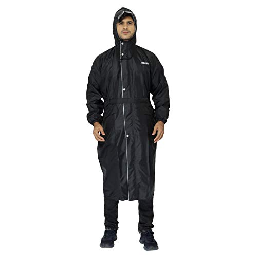 THE CLOWNFISH Reversible Use Unisex Waterproof Long Coat Raincoat for Men and Women with Adjustable Hood and Reflector at Back for Night Visibility Opener Series (Black-Free Size)