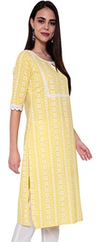 Amayra Women's Cotton Printed Straight Kurti (Yellow,M)