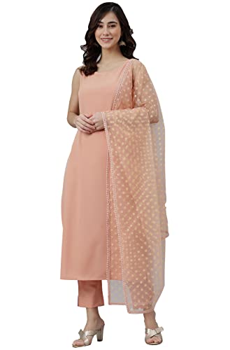 Janasya Women's Peach Poly Crepe Solid Kurta with Pant and Dupatta(SET392-KR-NP-M)