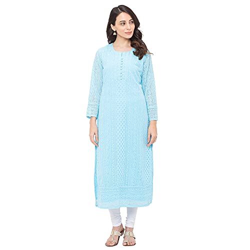 ZOLA Georgette Ethnic Wear for Women Regular Fit with Full Sleeves Calf Length Lucknowi Chikankari Straight Georgette Kurta Sky Blue