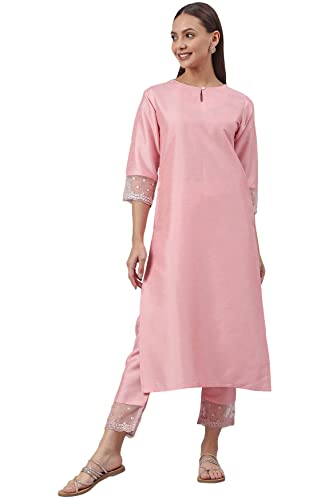 Janasya Women's Pink Poly Silk Straight Kurta with Pant(SET357-KR-NP_L)