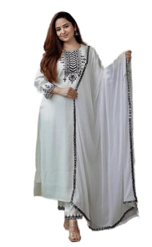 FASHION LAMP Women's Rayon Kurti with Pant and Dupatta Set (M, White)