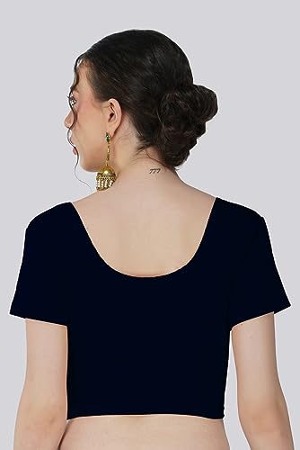 Fressia Fabrics Cotton Lycra Stretchable Elbow Sleeve Readymade Saree Blouse for Women Stylish Navy XL