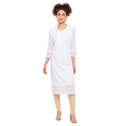 ZOLA Georgette Luckhnowi Chikankari Round Neck Ethnic Wear Straight Kurta for Women White