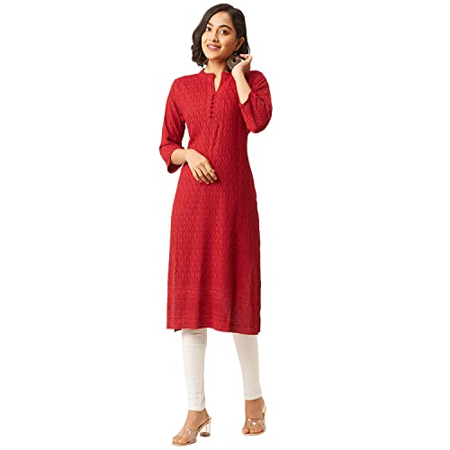 ZOLA Maroon Rayon Band Collar 3/4th Sleeves Chikankari Embroidery Ethnic Wear Kurta for Women