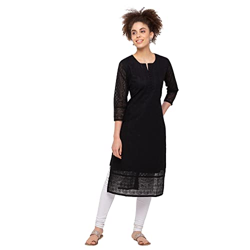 ZOLA Exclusive Georgette Round Neck with Full Sleeves and Calf Length Luckhnowi Chikan Kari Kurta with Button Placket on Yolk Ethnic Wear Straight Kurta for Women Pack of 1 (Black, Large)