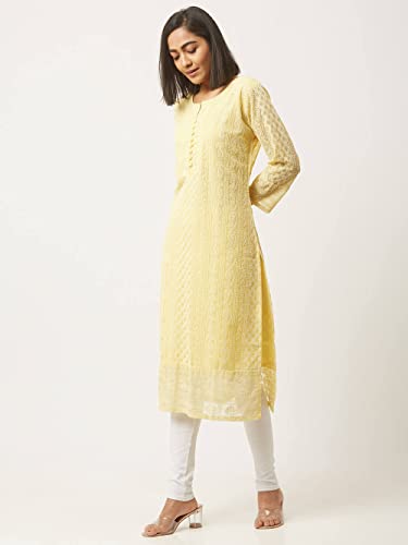 ZOLA Georgette Lucknowi Chikankari Straight Georgette Kurta for Women Regular Fit Round Neck with Full Sleeves & Calf Length Light Green