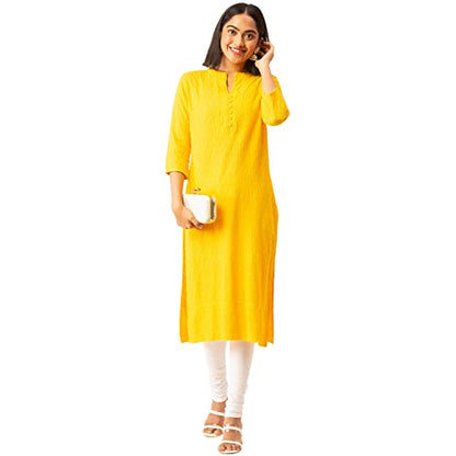 ZOLA Yellow Rayon Band Collar 3/4th Sleeves Chikankari Embroidery Ethnic Wear Kurta for Women