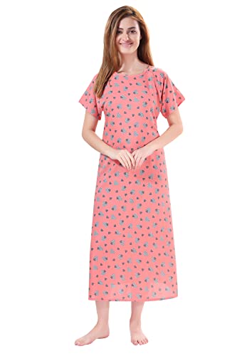 PIU Women's Cotton All Over Print Calf Length Feeding Nighty (HM1363L_Heart Peach_L)