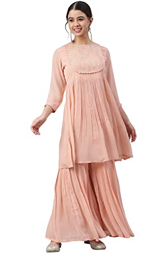 Janasya Women's Peach Georgette Thread Work Kurta with Sharara(SET444, L)