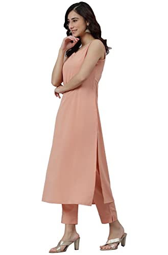 Janasya Women's Peach Poly Crepe Solid Kurta with Pant and Dupatta(SET392-KR-NP-M)