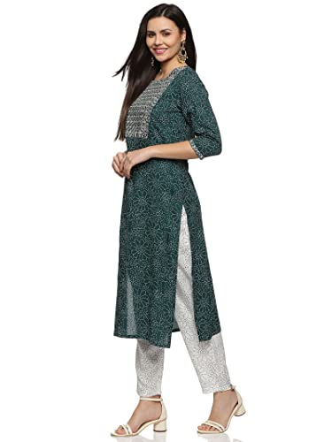 RAJMANDIRFABRICS Women Rayon Kurta Pant with Dupatta Set (PK10111000-XXL_Bottal Green & White_2XL)