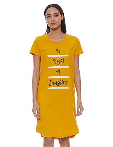 Amazon Brand - Symbol Cotton Graphic Print Knee Length Women's Nightdress Regular Nightgown (EI-AW20DR02-SOMM-09_Yellow_XS)