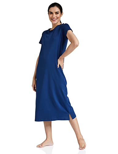 Amazon Brand - Eden & Ivy Women's Cotton Solid Calf Length Nightdress (Ei/Sw/Cmdr02_Navy_XXL_Navy_2XL)