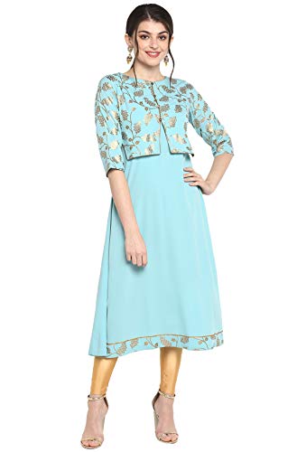 Janasya Women's Turquoise Blue Poly Crepe Gold Print A-Line with Attached Jacket Kurta