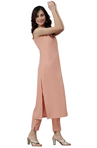 Janasya Women's Peach Poly Crepe Solid Kurta with Pant and Dupatta(SET392-KR-NP-M)