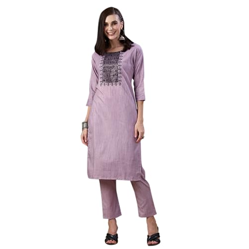 ZOLA Purple Rayon Kurta & Pant Set For Women With Geometric Sequin Work & Floral Embroidery