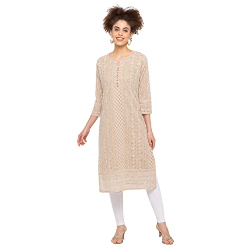 ZOLA Exclusive Georgette Round Neck with Full Sleeves and Calf Length Luckhnowi Chikan Kari Kurta with Button Placket on Yolk Ethnic Wear Straight Kurta for Women Pack of 1 (Fawn, Large)