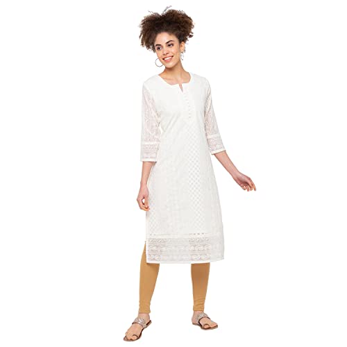 ZOLA Georgette Round Neck with Full Sleeves and Calf Length Luckhnowi Chikankari Kurta with Button Placket on Yolk for Women Cream