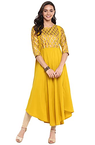 Janasya Women's Yellow Poly Crepe Gold Print Flared Kurta