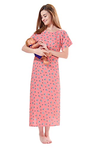 PIU Women's Cotton All Over Print Calf Length Feeding Nighty (HM1363L_Heart Peach_L)