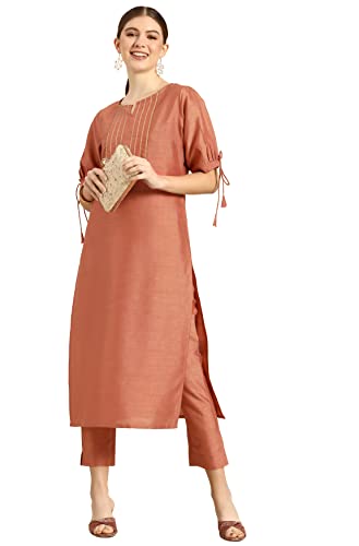 Janasya Women's Peach Poly Silk Kurta with Pant(Peach_X-Large)