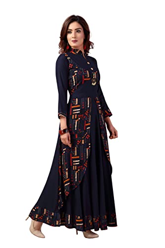 madhuram textiles Women's Rayon Gown Style Kurta (M-2082 L_Navy Blue_L)