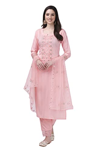 TRENDMALLS Women's Cotton Embroidery Kurta Pant Suit Set (TM.G103-LightPink-XS)