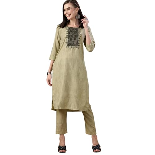 ZOLA Lime Green Rayon Kurta & Pant Set For Women With Geometric Sequin Work & Floral Embroidery