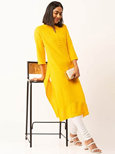 ZOLA Yellow Rayon Band Collar 3/4th Sleeves Chikankari Embroidery Ethnic Wear Kurta for Women