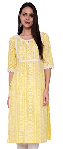 Amayra Women's Cotton Printed Straight Kurti (Yellow,M)