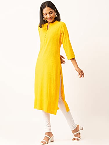 ZOLA Yellow Rayon Band Collar 3/4th Sleeves Chikankari Embroidery Ethnic Wear Kurta for Women