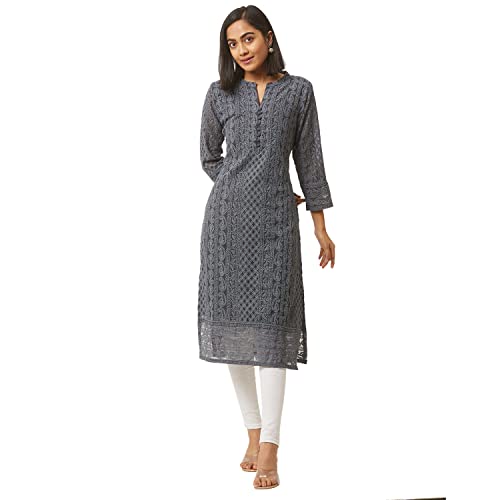 ZOLA Georgette Ethnic Wear for Women Regular Fit V Neck with 3/4th Sleeves Calf Length Lucknowi Chikankari Straight Kurta for Women Grey