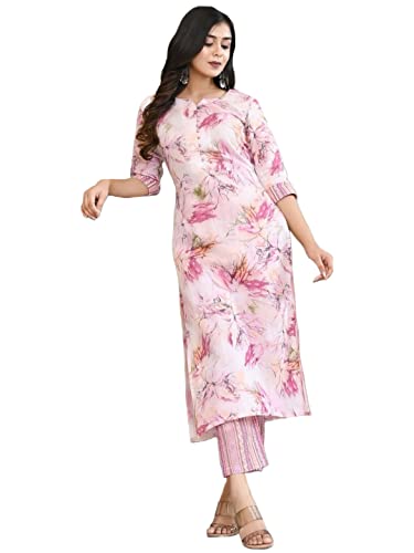 GoSriKi Women's Cotton Blend Printed Straight Kurta with Pant (PS-Pink-CMD-GS_M_Pink_Medium)