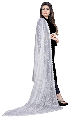 AKSHAR LLC Miss India Women's Chiffon Dupatta with Heavy Embroidery Work (White2)