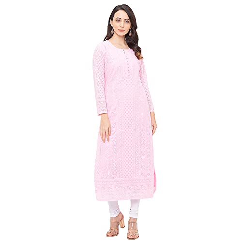 ZOLA Georgette Ethnic Wear for Regular Fit Round Neck with Full Sleeves Calf Length Lucknowi Chikankari Kurta for Women Baby Pink