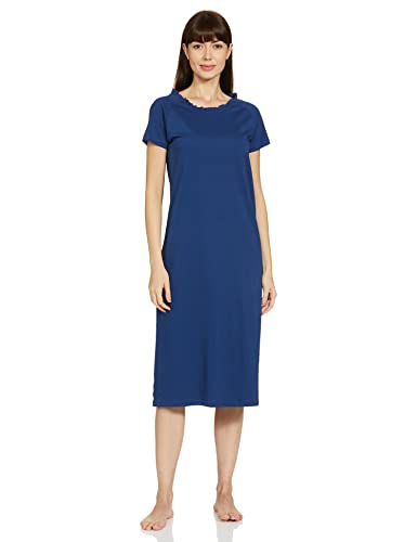 Amazon Brand - Eden & Ivy Women's Cotton Solid Calf Length Nightdress (Ei/Sw/Cmdr02_Navy_XXL_Navy_2XL)