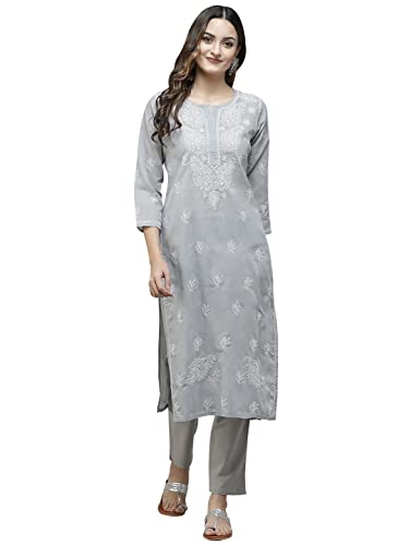 Ada Traditional Hand Embroidered Lucknow Chikankari Women's Grey Cotton Kurta Kurti Tunic A411385 (S)