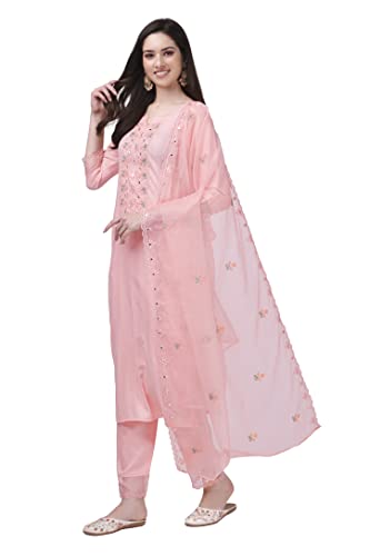 TRENDMALLS Women's Cotton Embroidery Kurta Pant Suit Set (TM.G103-LightPink-XS)